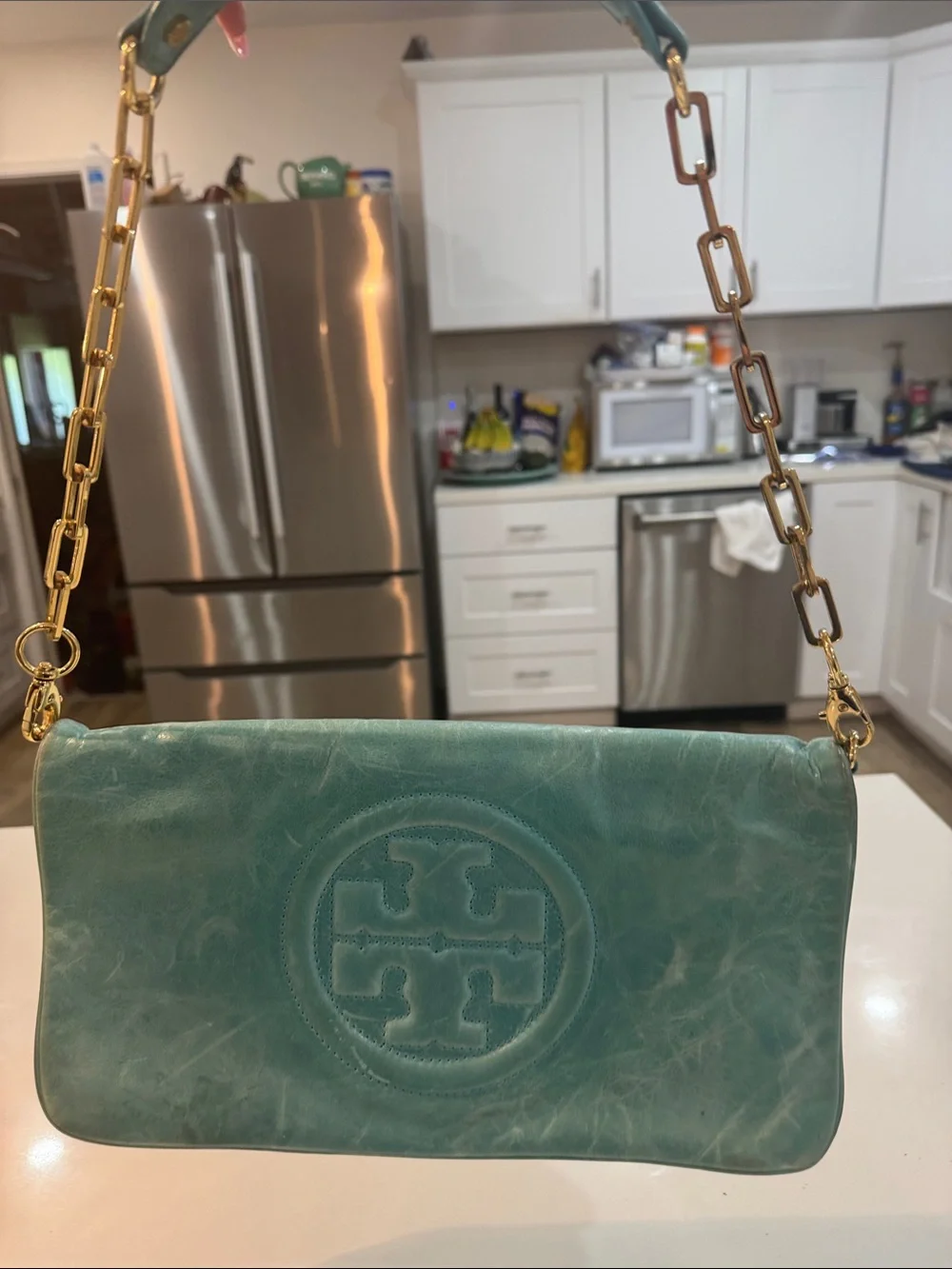 Tory Burch Teal Leather Logo Clutch with Gold Chain Strap